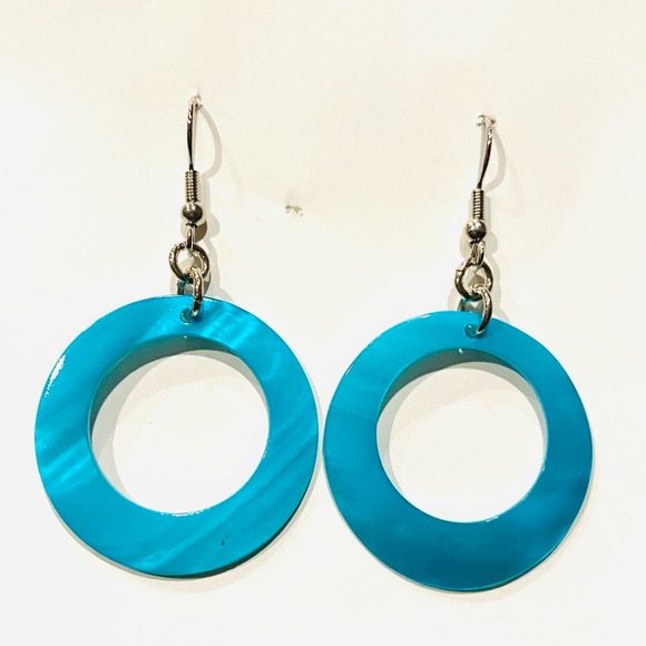 Turquoise Hoop Painted Shell Earrings - Picture 3 of 7